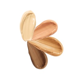 Image of Different shades of liquid skin foundation on white background, top view