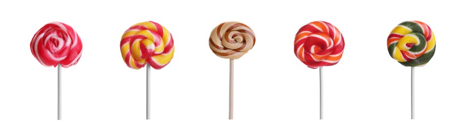 Set with tasty colorful lollipops on white background. Banner design 