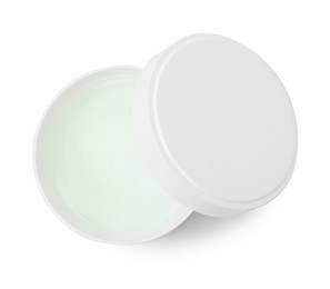 Photo of Jar of petroleum jelly on white background, top view