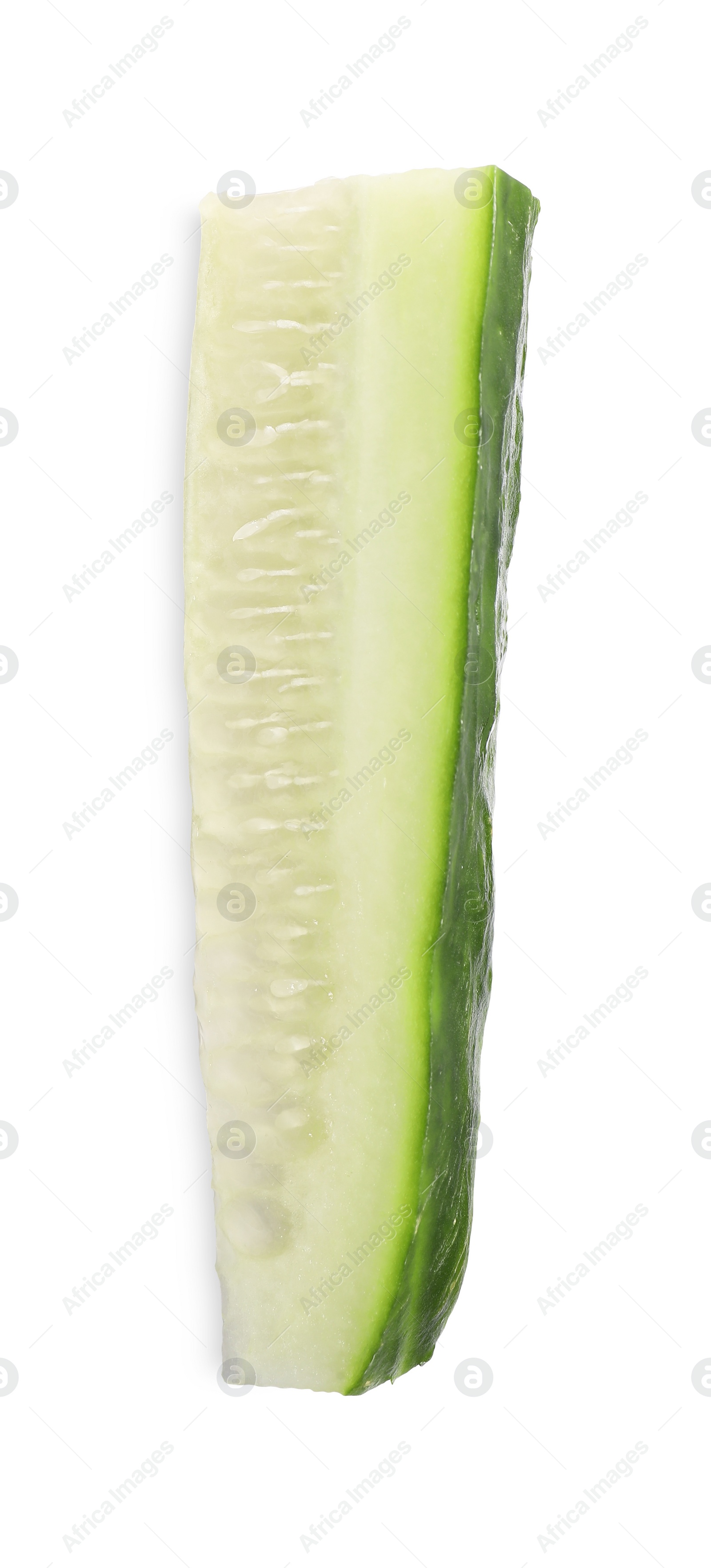 Photo of Piece of fresh cucumber isolated on white, top view