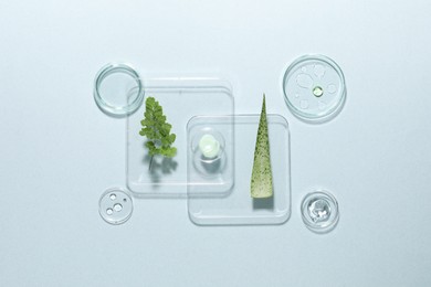 Photo of Organic cosmetic product, natural ingredients and laboratory glassware on light background, flat lay