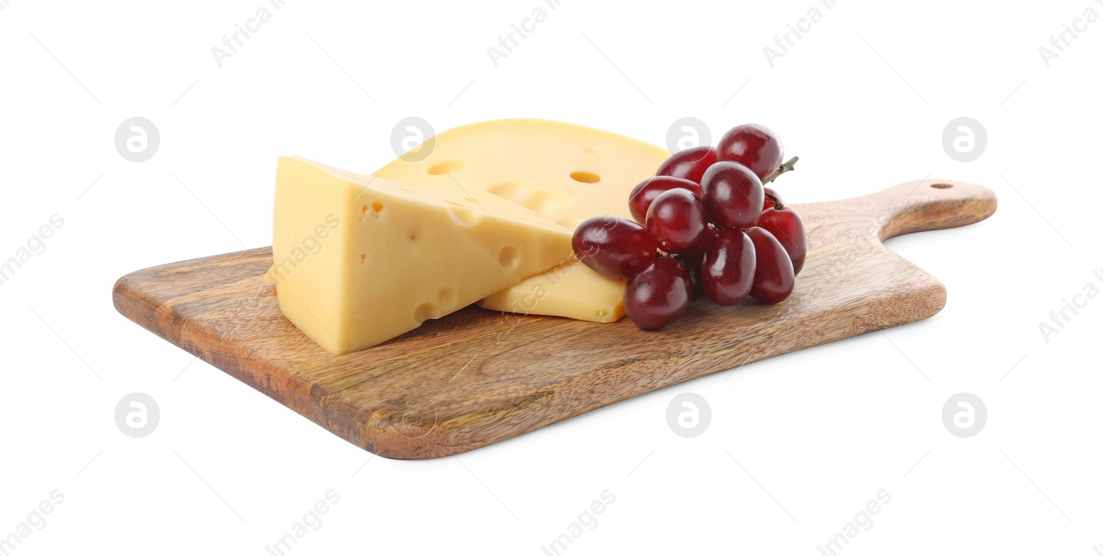 Photo of Pieces of delicious cheese and grapes isolated on white