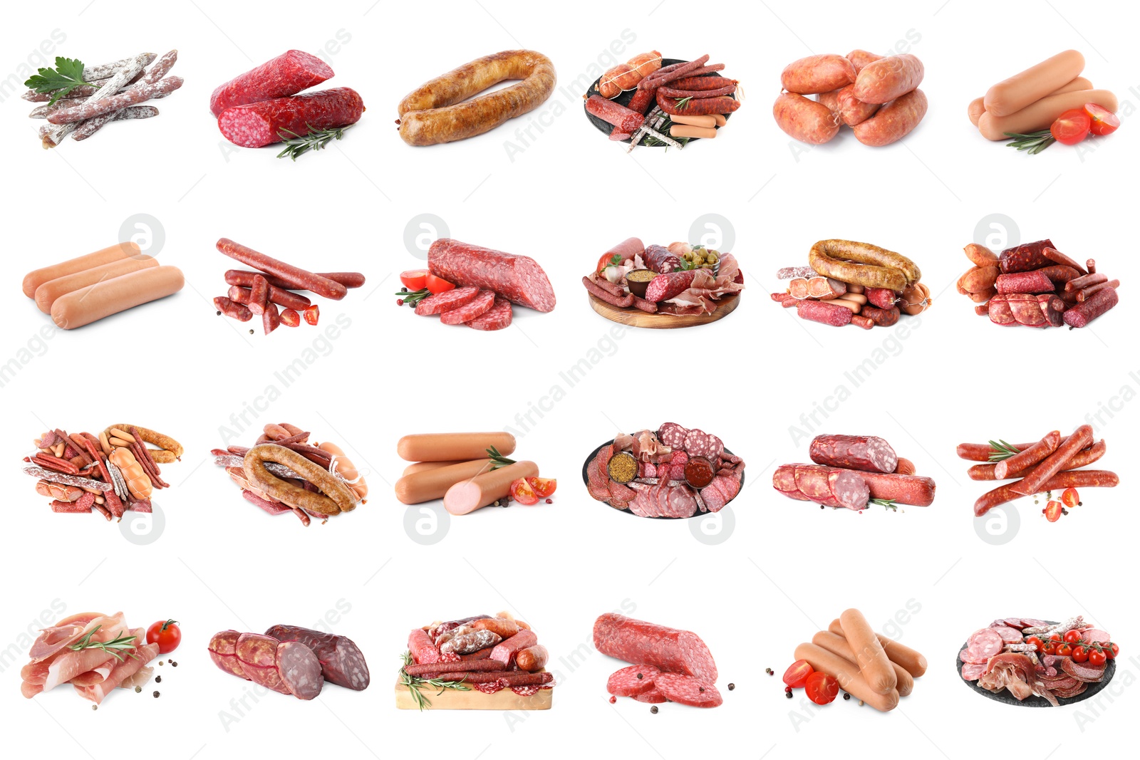 Image of Set with different tasty sausages on white background