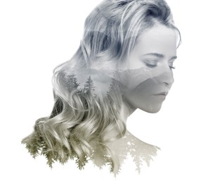 Double exposure of beautiful woman and natural scenery on white background, color toned