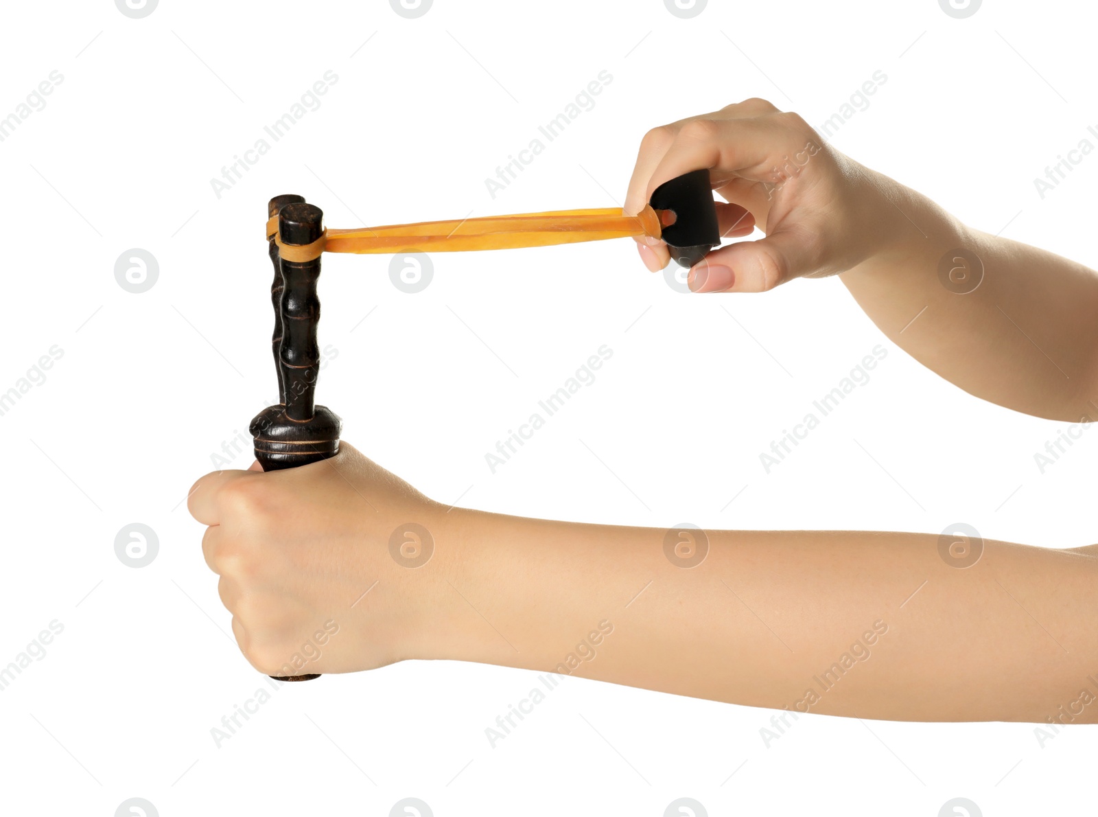 Photo of Woman stretching elastic band of slingshot on white background, closeup