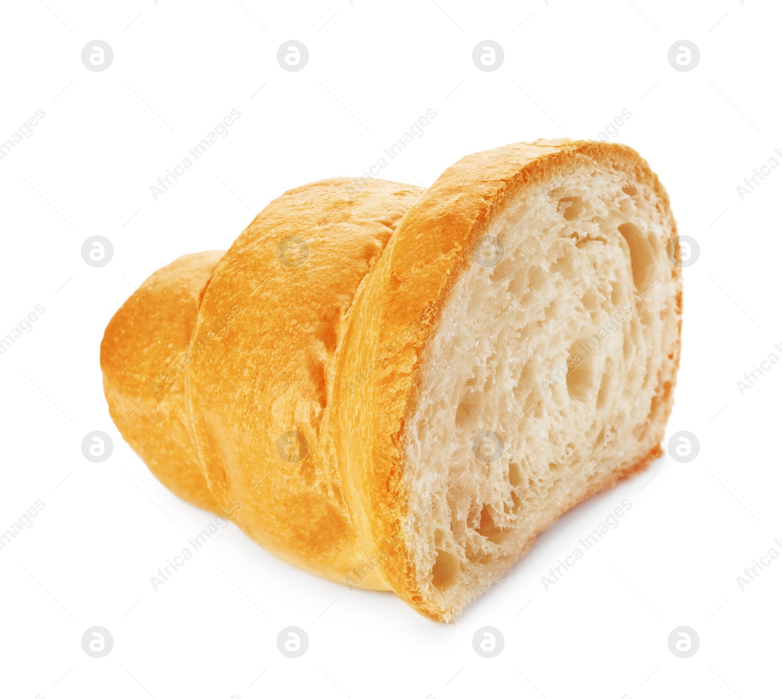 Photo of Delicious cut croissant isolated on white. Fresh pastry