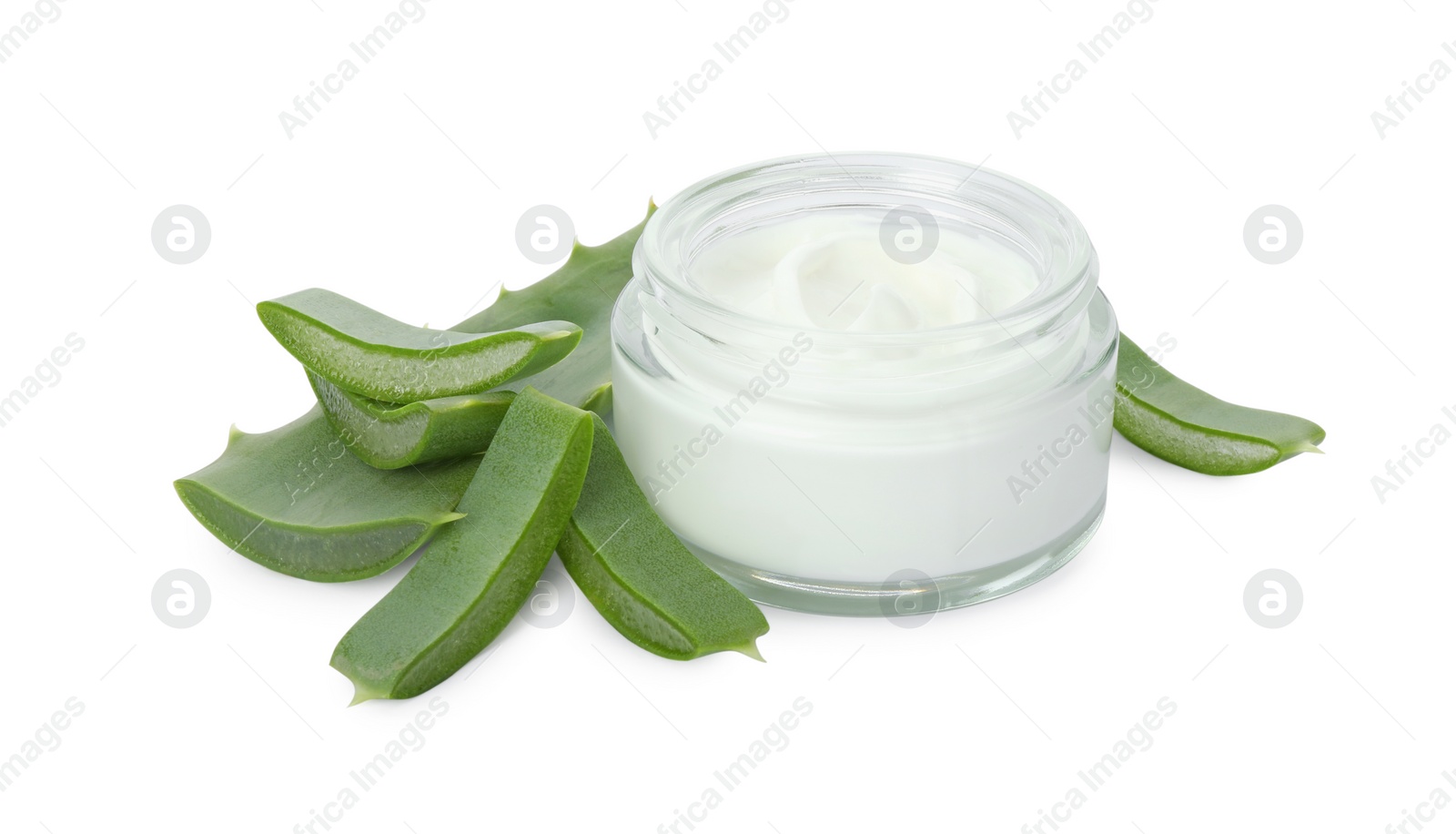 Photo of Jar of natural cream and cut aloe leaves isolated on white