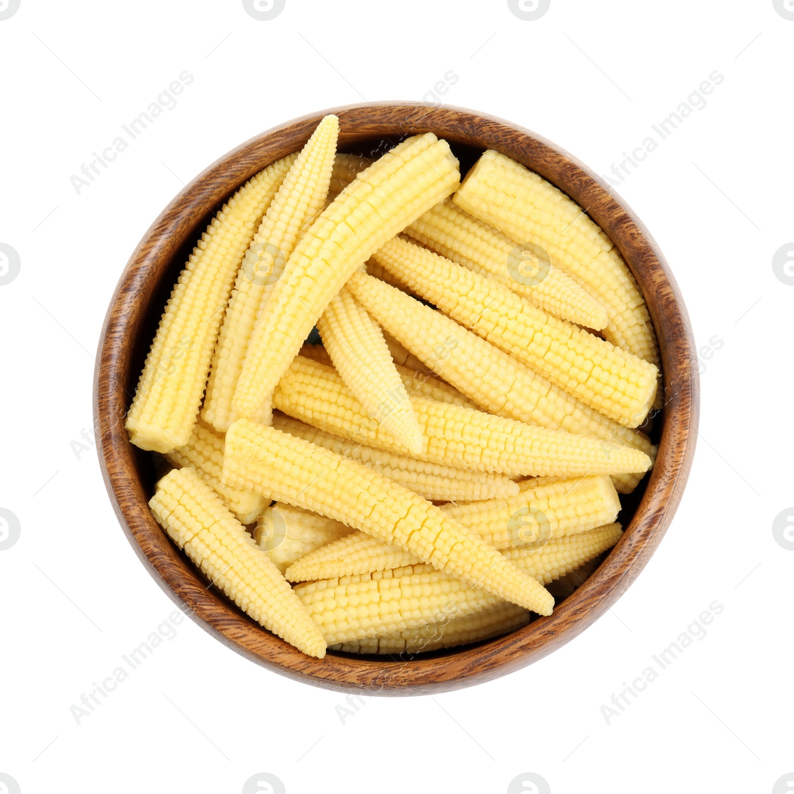 Photo of Fresh baby corn cobs on white background, top view