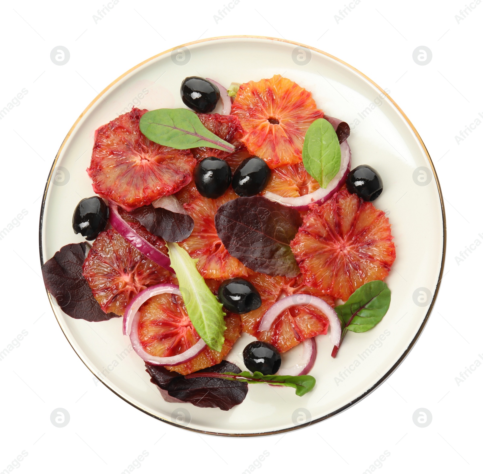 Photo of Plate of delicious sicilian orange salad isolated on white, top view