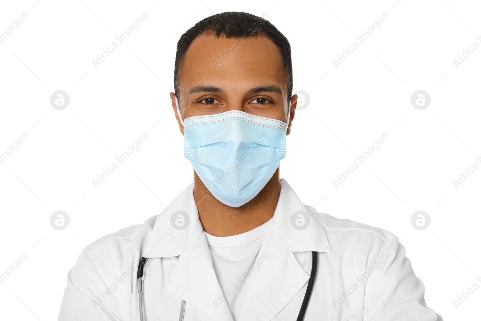 Photo of Doctor or medical assistant (male nurse) with protective mask and stethoscope on white background