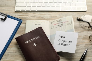 Moldova, Ceadir-Lunga - June 13, 2022: Passports with visa stamps, pen, glasses and computer keyboard on wooden table