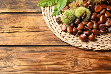 Photo of Fresh sweet edible chestnuts on wooden table, top view. Space for text