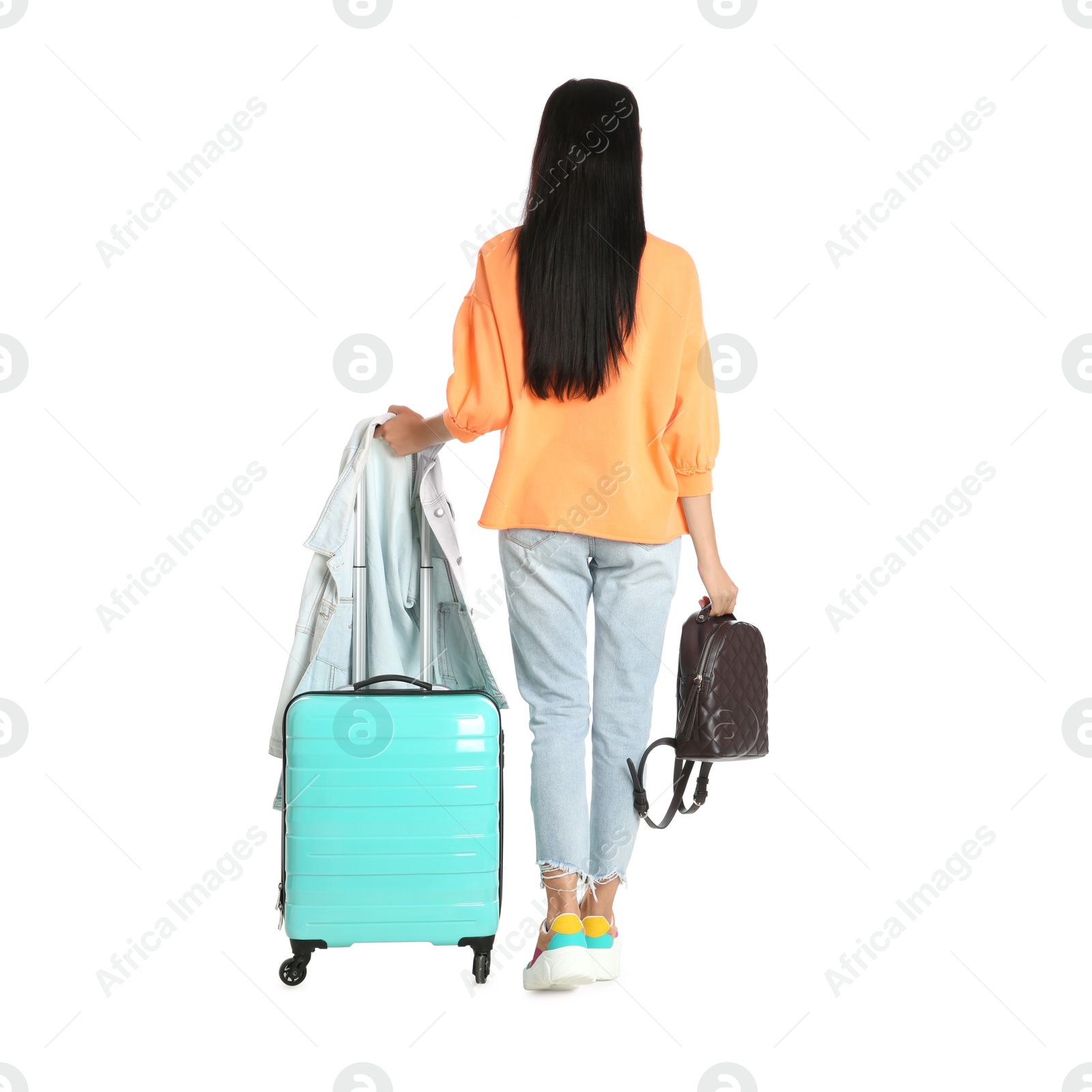 Photo of Beautiful woman with suitcase and backpack for summer trip on white background, back view. Vacation travel