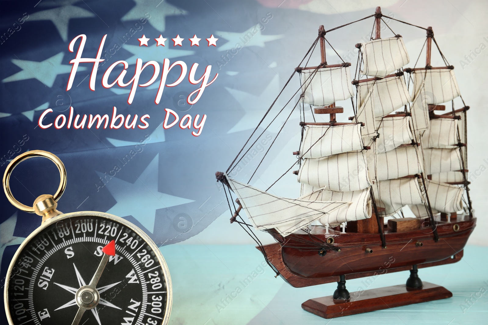 Image of Happy Columbus Day. Beautiful ship model, compass and American flag