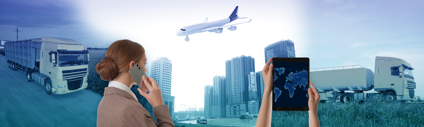Image of Logistics concept. People with phone and tablet, banner design. Trucks, plane and buildings on background, toned in blue