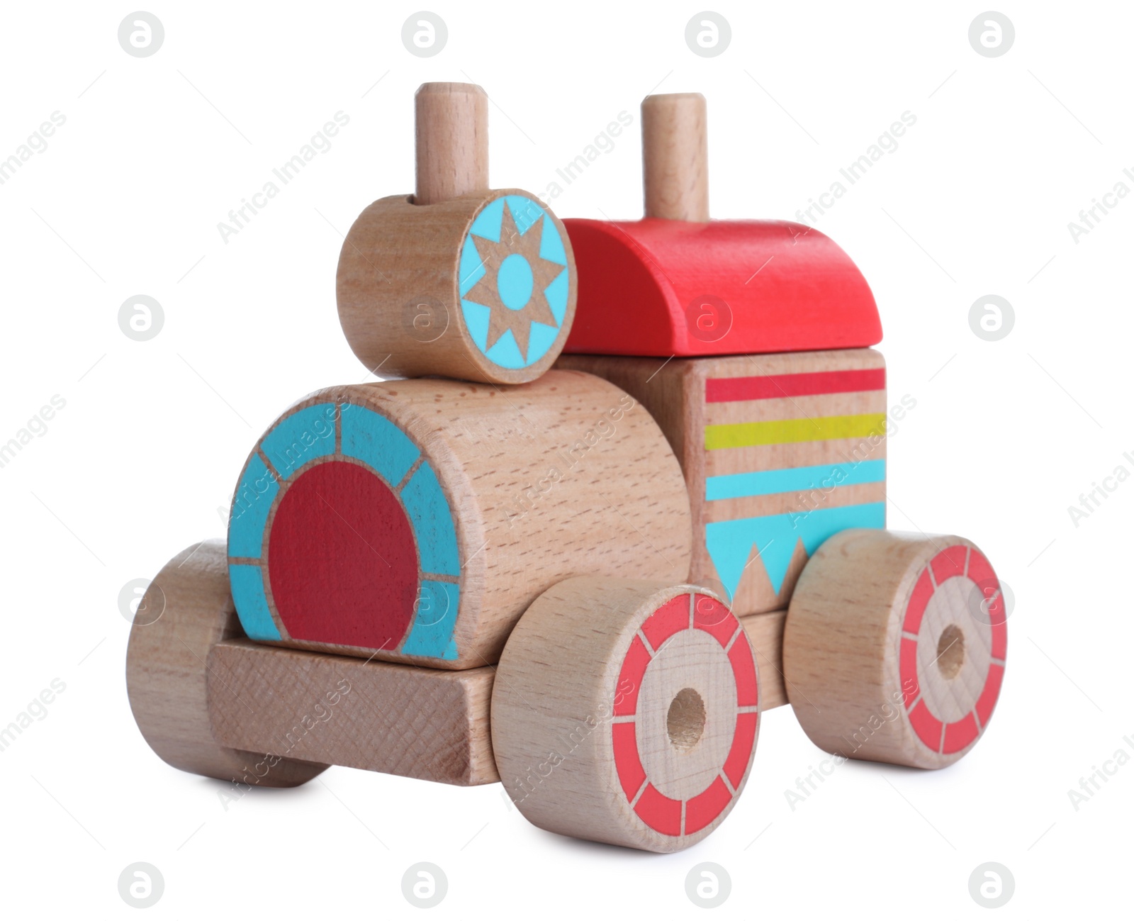 Photo of Colorful wooden toy locomotive isolated on white