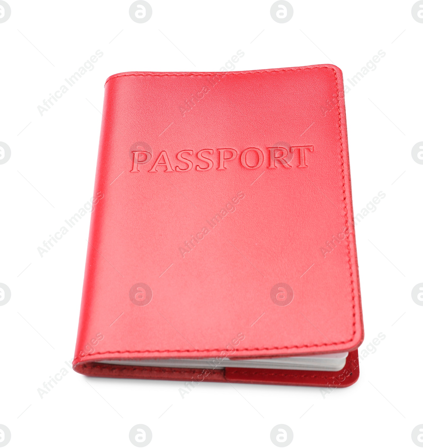 Photo of Passport in red leather case isolated on white