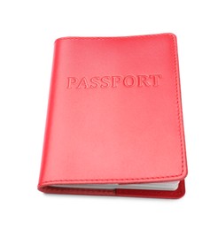 Passport in red leather case isolated on white
