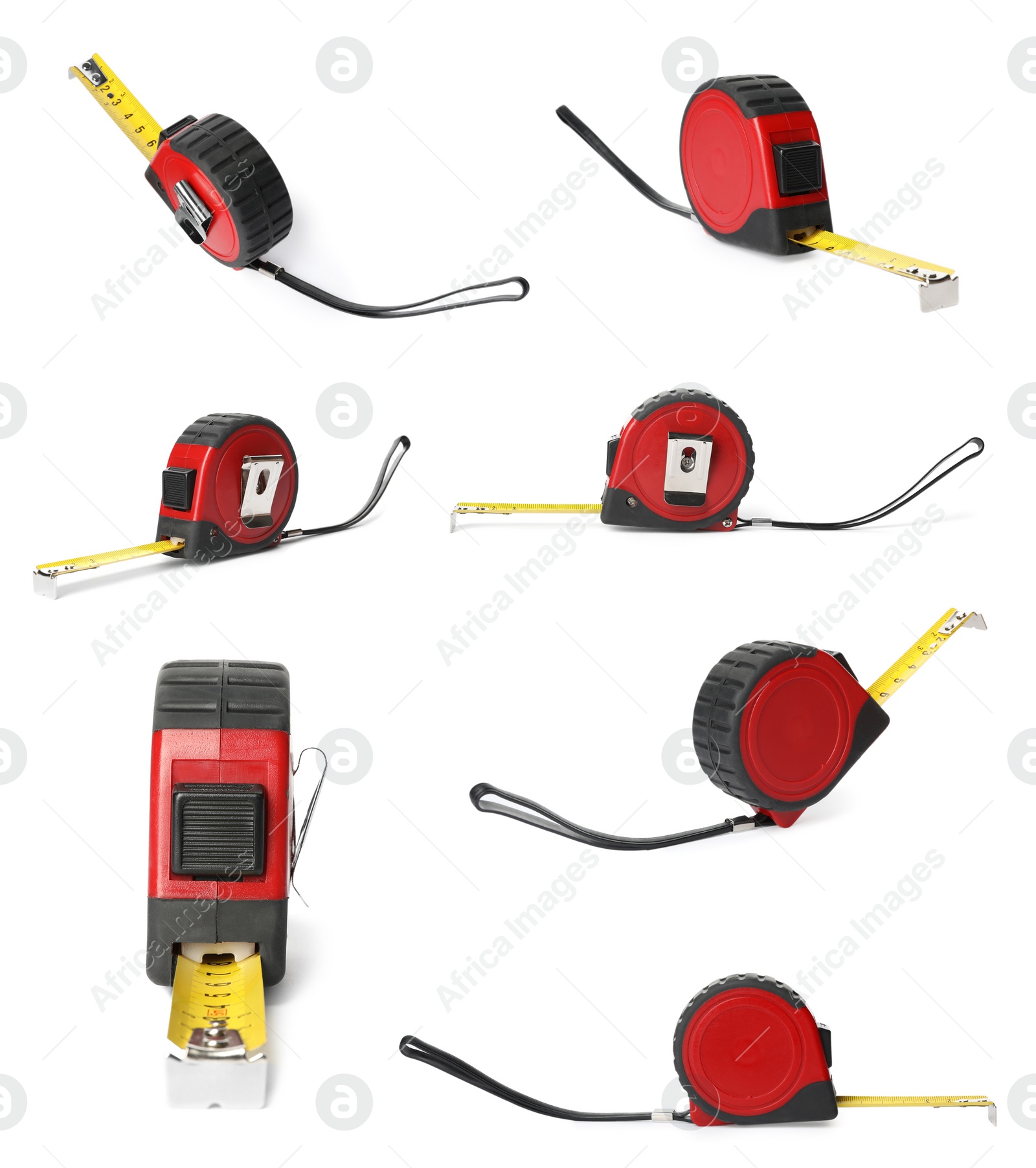Image of Set with tape measure on white background. Construction tool