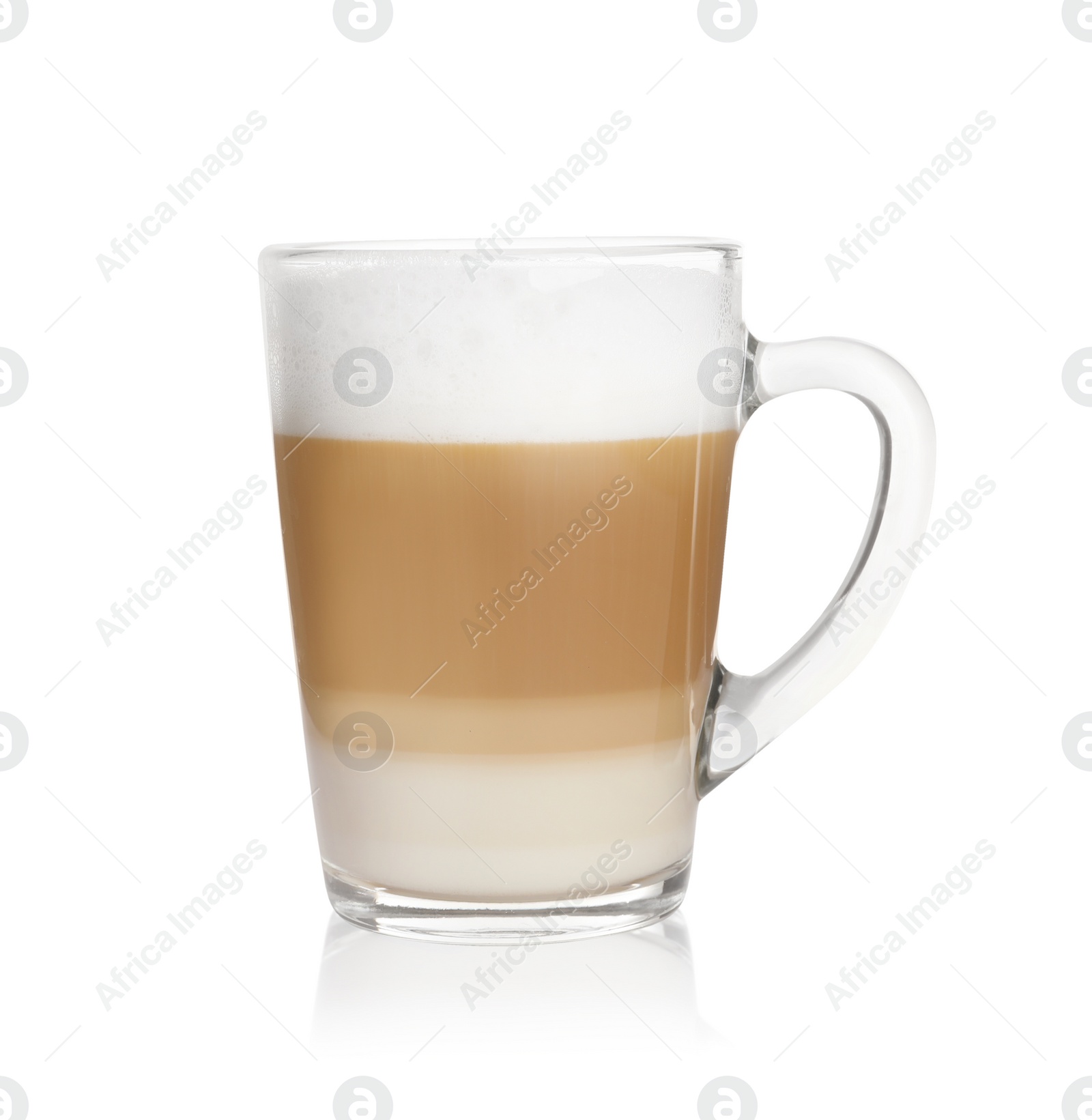 Photo of Hot coffee with milk in glass cup isolated on white