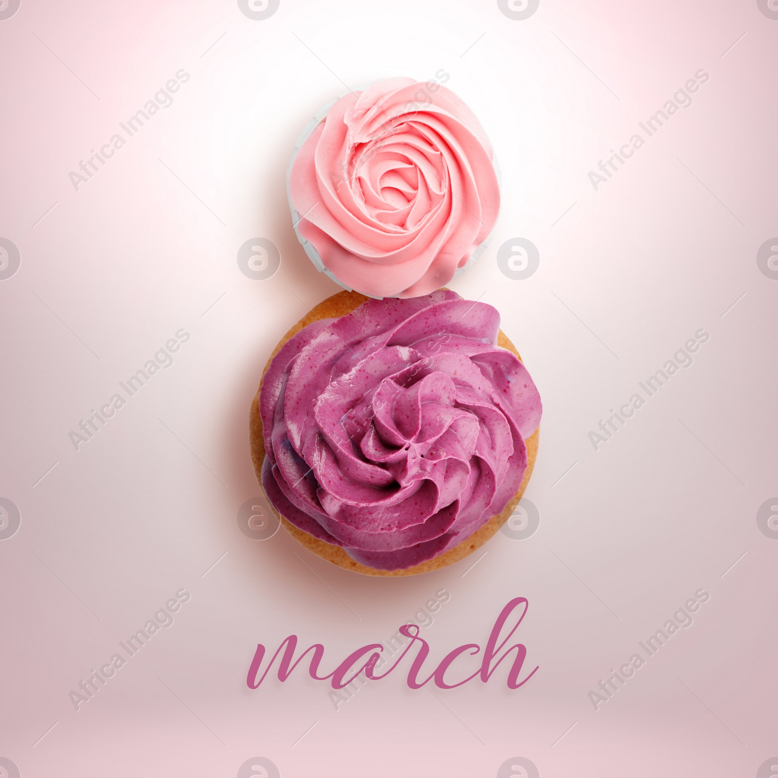 Image of 8 March - Happy International Women's Day. Card design with shape of number eight made of cupcakes on pink background, top view