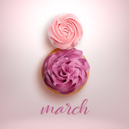 8 March - Happy International Women's Day. Card design with shape of number eight made of cupcakes on pink background, top view