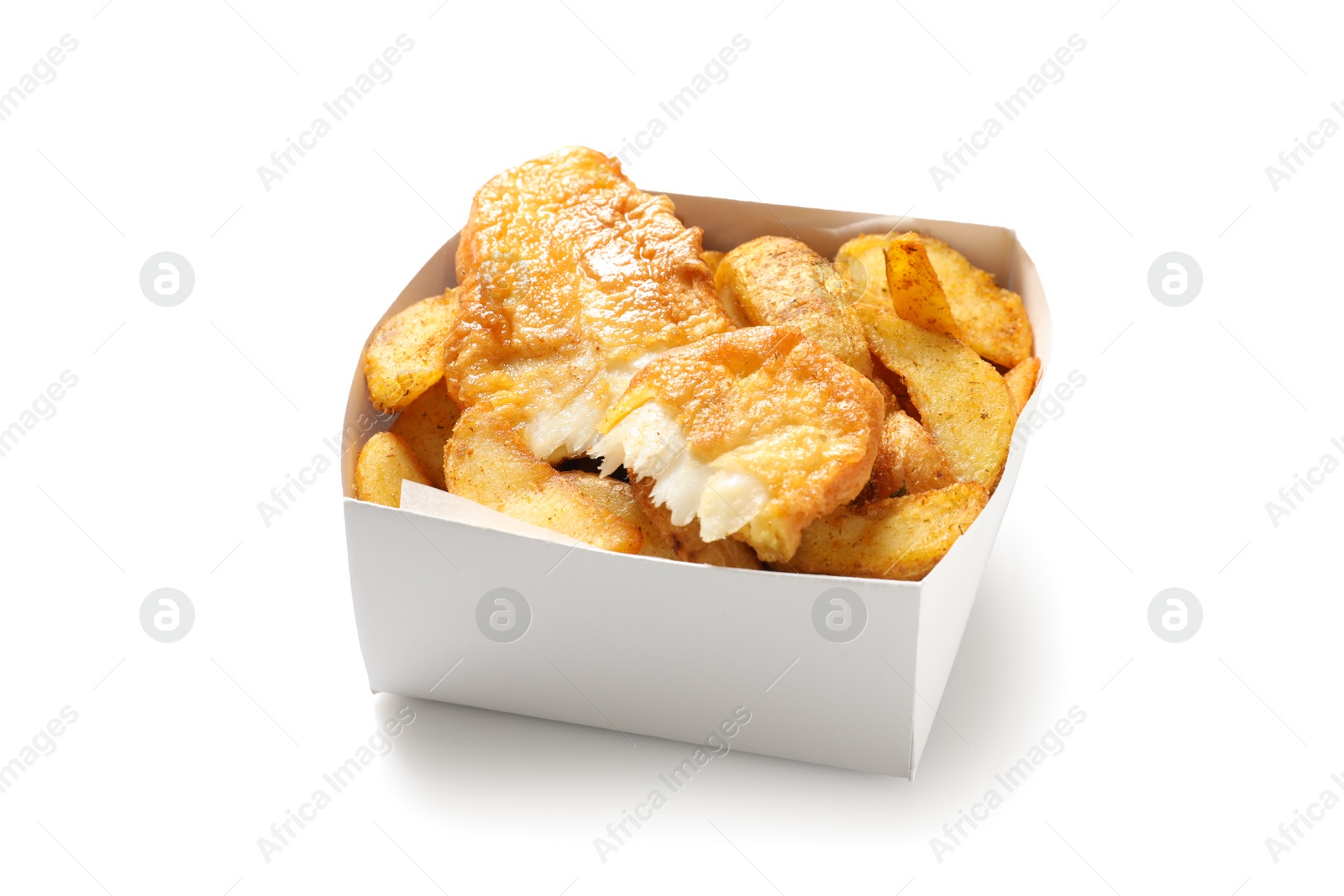 Photo of Disposable container with British Traditional Fish and potato chips on white background