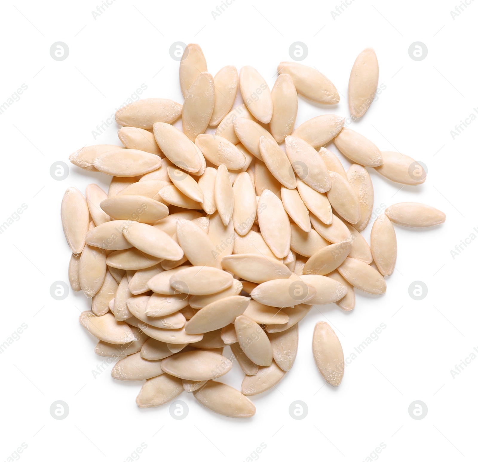Photo of Pile of cucumber seeds on white background, top view