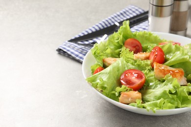Delicious salad with chicken and cherry tomato on light grey table, closeup. Space for text