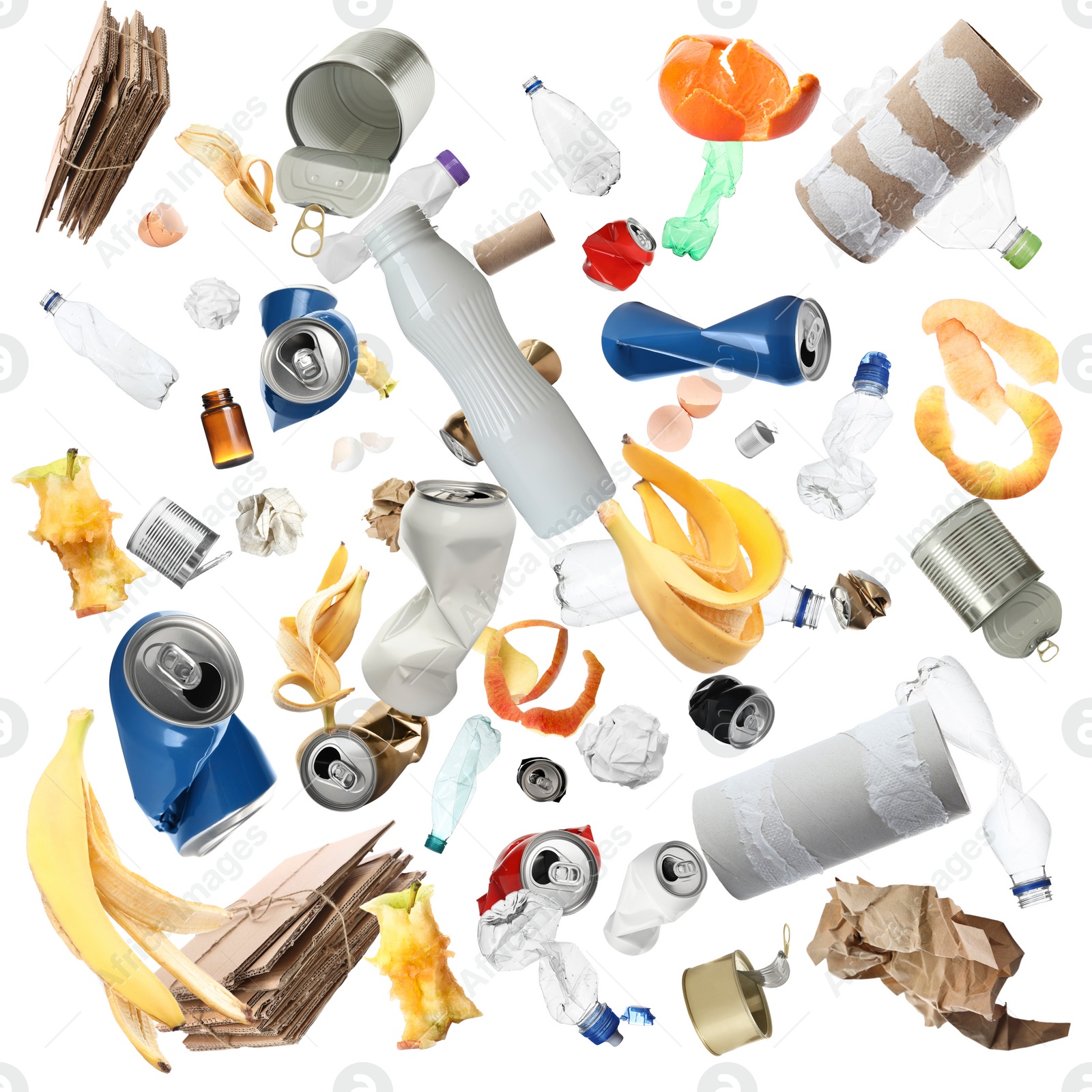 Image of Lots of different garbage flying on white background