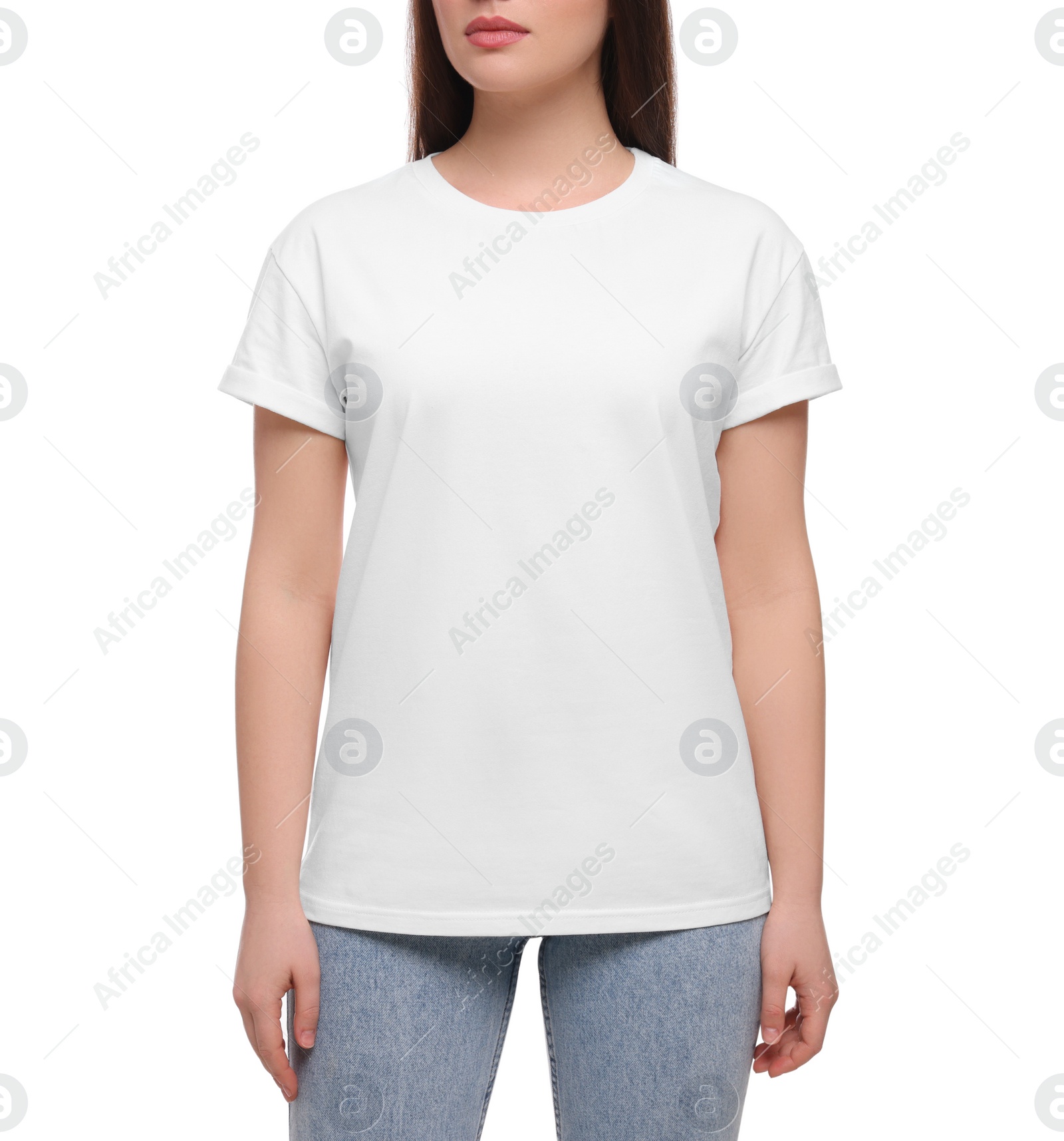 Photo of Woman wearing stylish T-shirt on white background, closeup