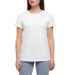 Woman wearing stylish T-shirt on white background, closeup