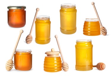 Natural honey in glass jars and dippers isolated on white, set