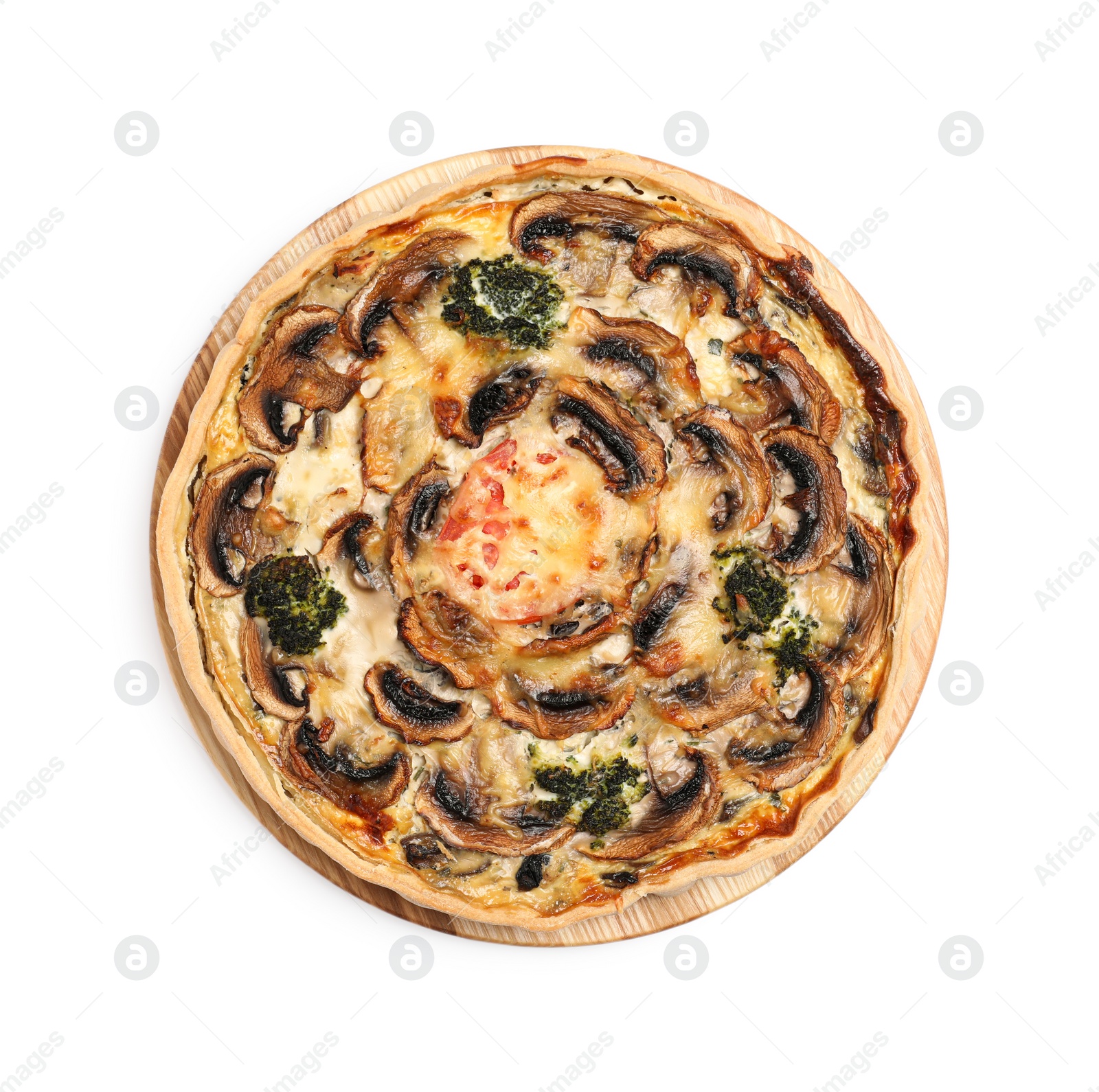 Photo of Delicious quiche with mushrooms isolated on white, top view