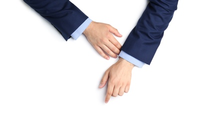 Photo of Man on white background, top view. Closeup of hands