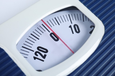 Photo of Modern scales, closeup view. Diet and weight loss