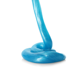 Photo of Flowing light blue slime on white background. Antistress toy