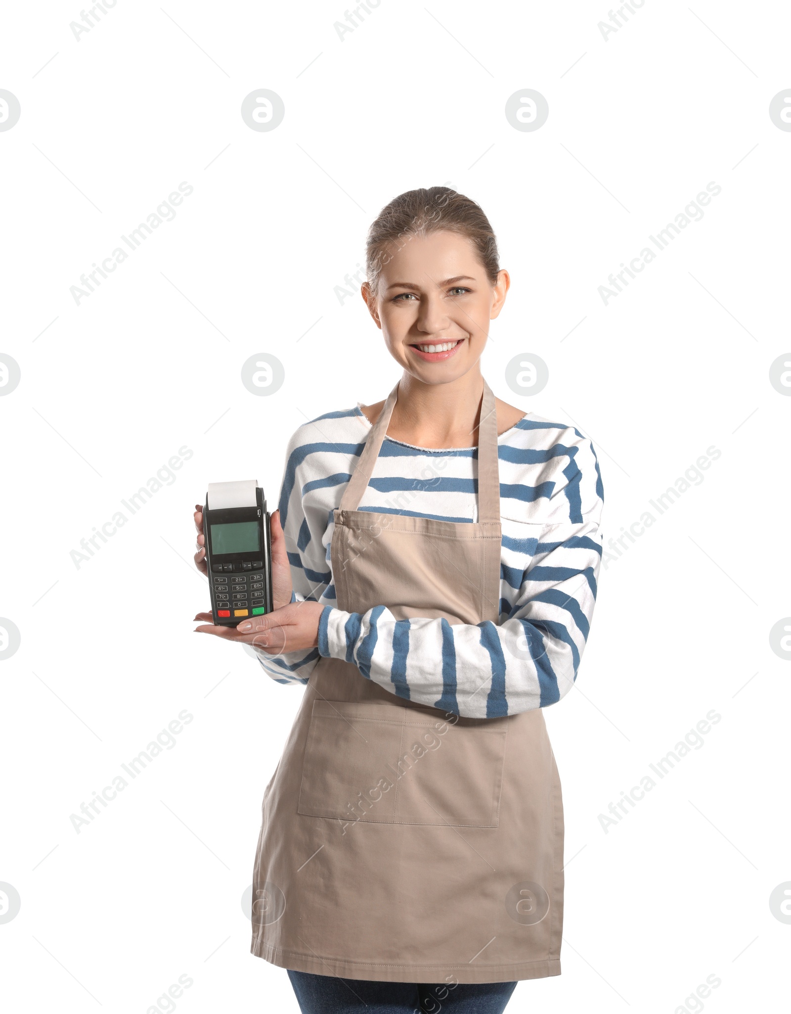 Photo of Young woman holding payment terminal isolated on white