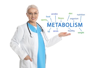 Image of Metabolism concept. Mature doctor presenting scheme on white background