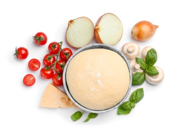 Ingredients for tasty pizza on white background, top view