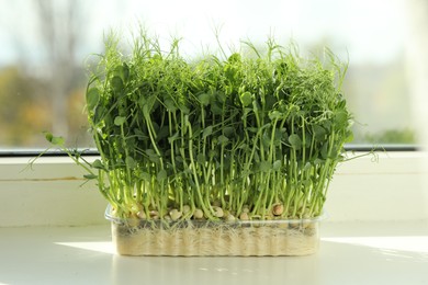 Photo of Fresh pea microgreen growing in plastic container on windowsill indoors