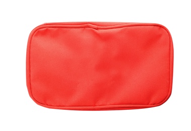 Photo of First aid bag on white background, top view. Medical item