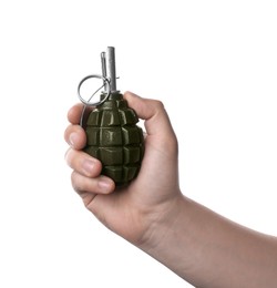 Photo of Man holding hand grenade on white background, closeup