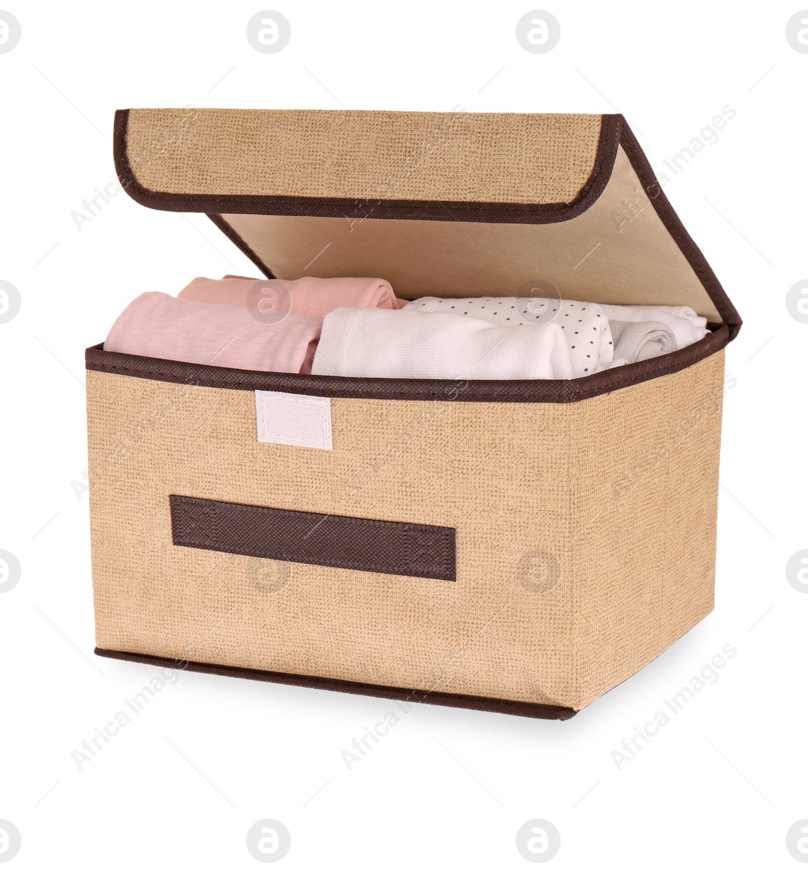 Photo of Textile storage case with folded clothes isolated on white