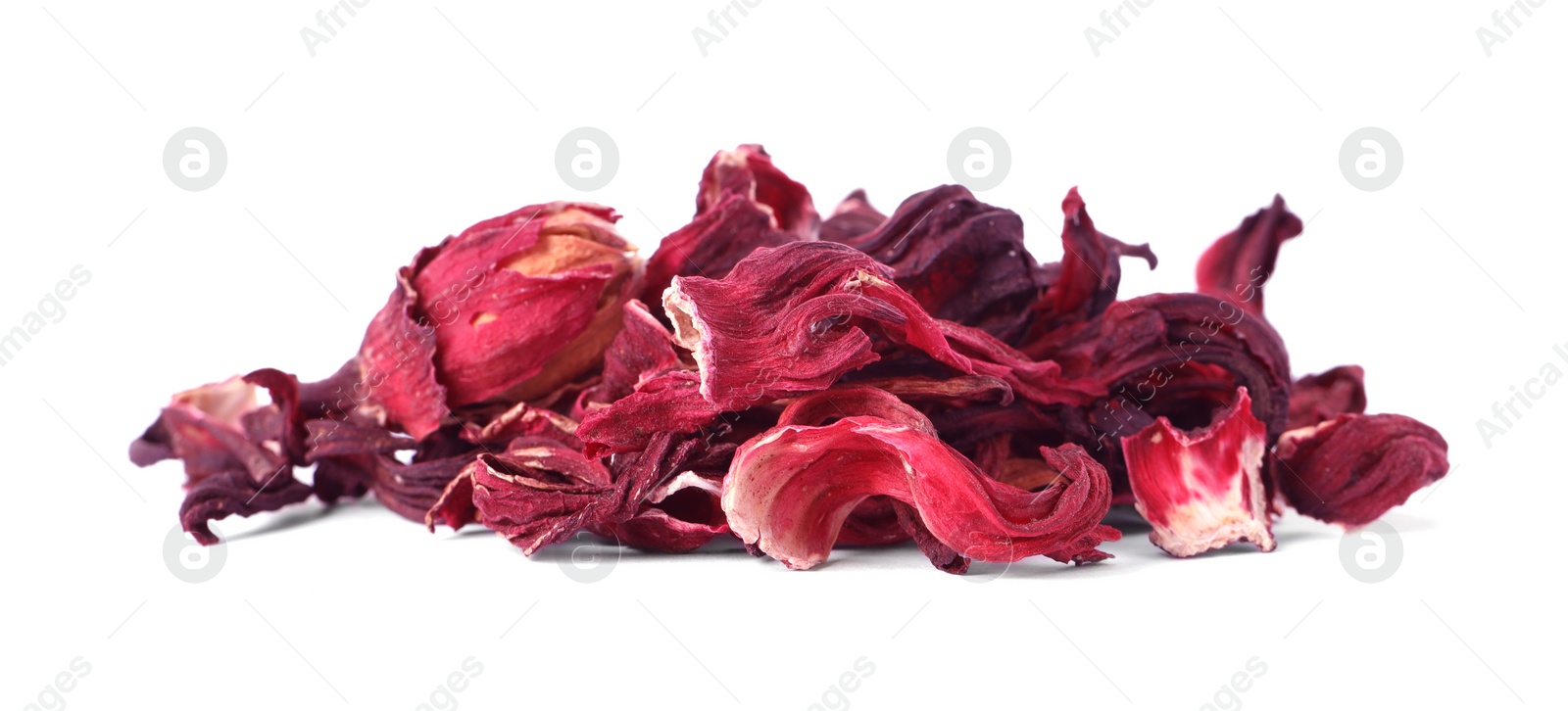 Photo of Pile of dry hibiscus tea isolated on white