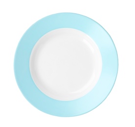 Photo of Ceramic plate with space for text on white background, top view. Washing dishes