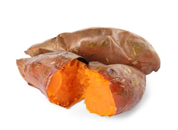 Photo of Delicious baked sweet potatoes on white background