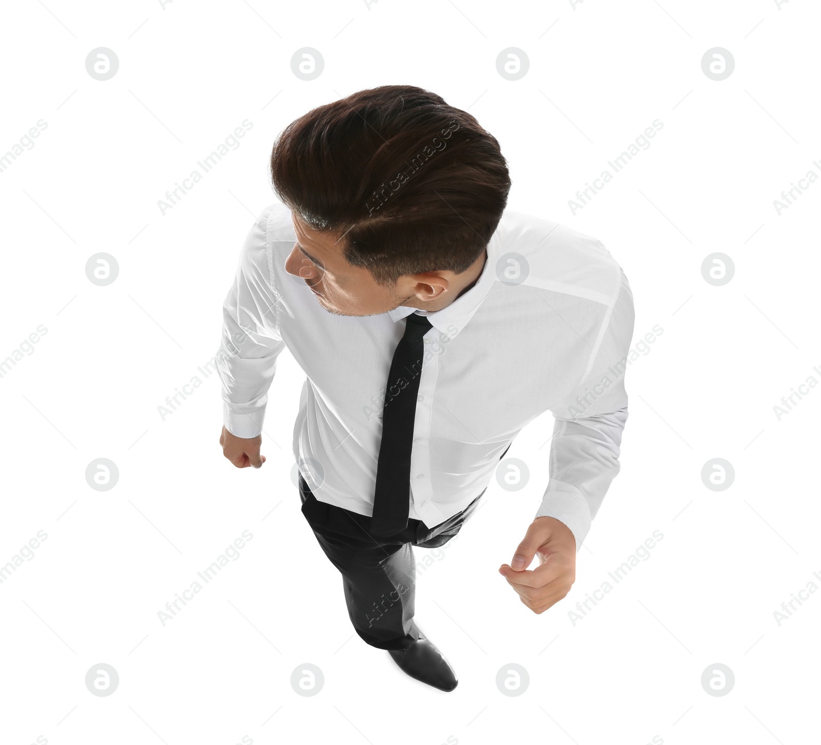 Photo of Businessman in formal clothes on white background, above view