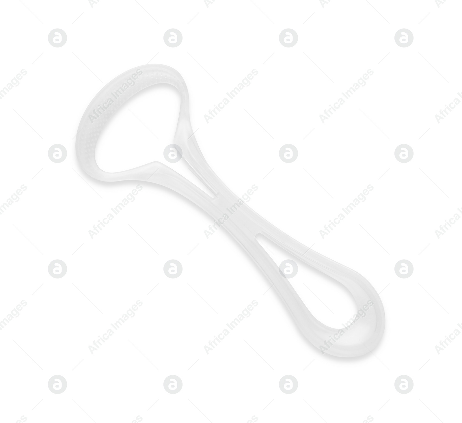 Photo of One plastic tongue cleaner isolated on white, top view. Dental care