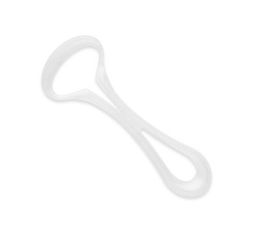 Photo of One plastic tongue cleaner isolated on white, top view. Dental care